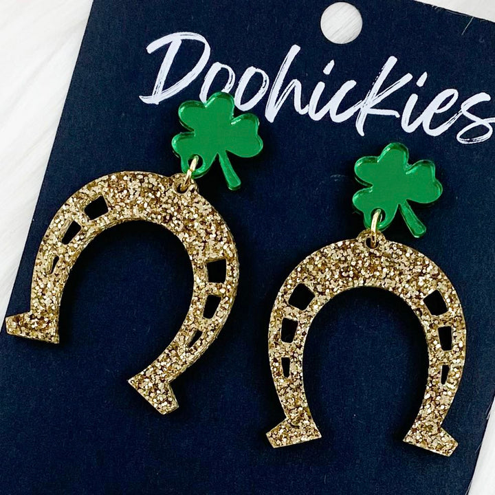 2" Lucky Horseshoe Dangles - St. Paddy Acrylic Earrings-Earrings-Inspired by Justeen-Women's Clothing Boutique