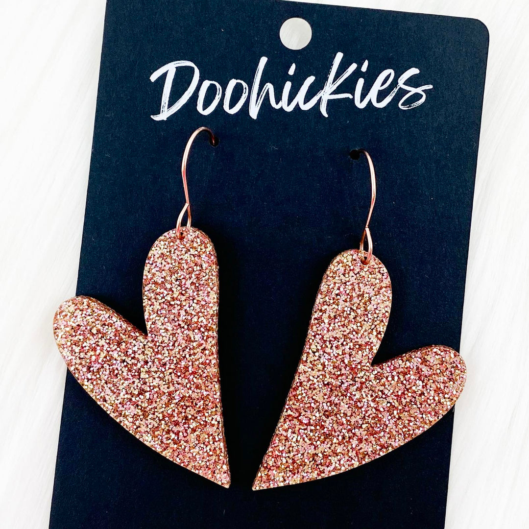 2.25" Rose Gold Glitter Leaning Hearts - Valentines Acrylic Earrings-Inspired by Justeen-Women's Clothing Boutique