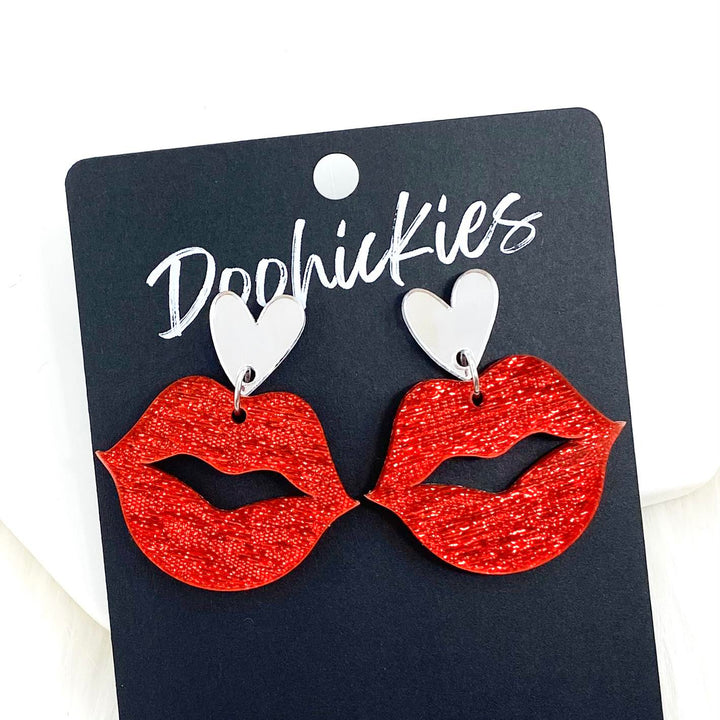 Lil' Sparkly Saffiano Smooches Dangles - Valentines Acrylic Earrings-Inspired by Justeen-Women's Clothing Boutique
