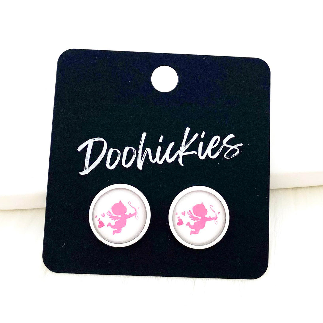 12mm Pink Cupid in White Settings -Earrings-Earrings-Inspired by Justeen-Women's Clothing Boutique