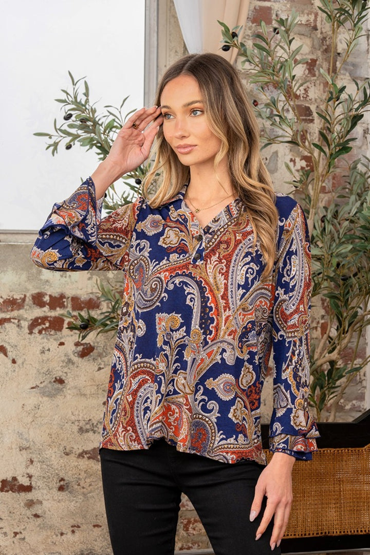 Sew In Love Full Size Wrinkle Free Paisley Print Long Sleeve Top-Long Sleeve Tops-Inspired by Justeen-Women's Clothing Boutique