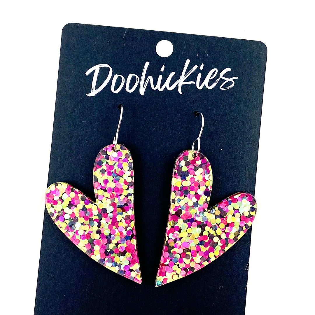 2.25" Pink & Gold Confetti Leaning Hearts - Valentines Acrylic Earrings-Inspired by Justeen-Women's Clothing Boutique