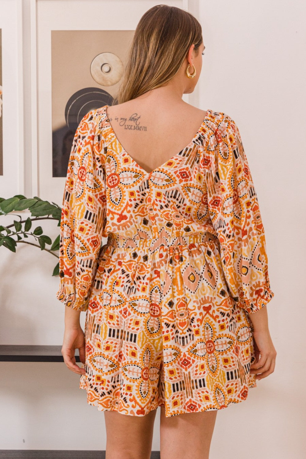 ODDI Full Size Printed Ruff Sleeve Romper with Pockets-Jumpsuits & Rompers-Inspired by Justeen-Women's Clothing Boutique in Chicago, Illinois
