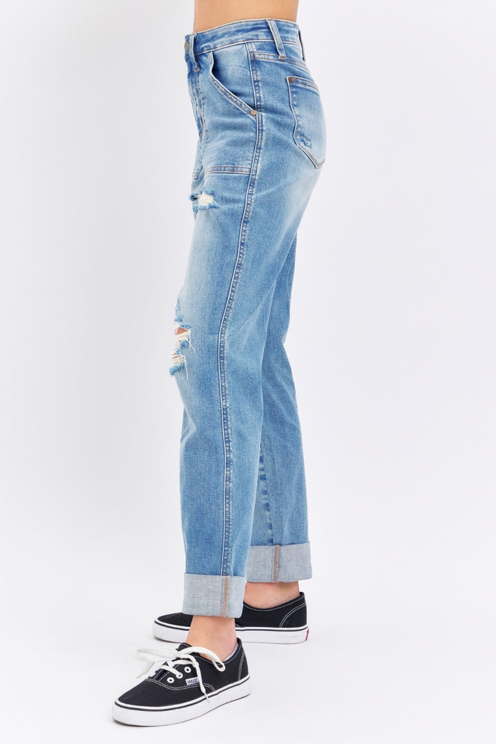 Judy Blue Full Size Distressed Straight Jeans with Patch Pockets-Denim-Inspired by Justeen-Women's Clothing Boutique