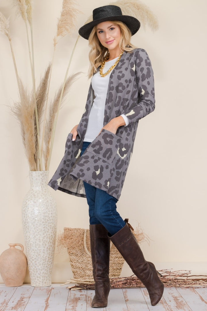 Celeste Full Size Leopard Open Front Contrast Cardigan-Cardigans + Kimonos-Inspired by Justeen-Women's Clothing Boutique