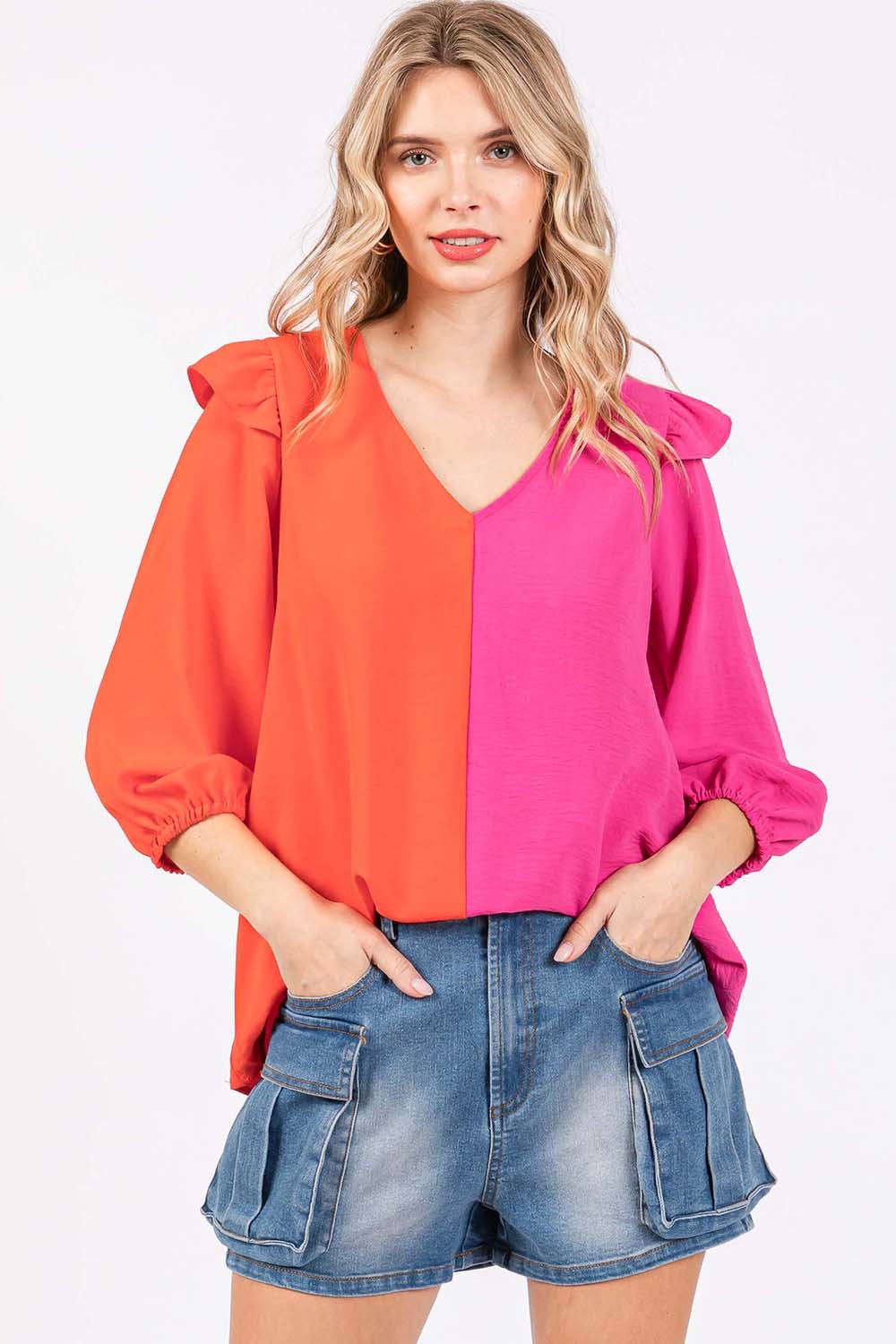 GeeGee Full Size Ruffle Trim Contrast Blouse-Long Sleeve Tops-Inspired by Justeen-Women's Clothing Boutique in Chicago, Illinois