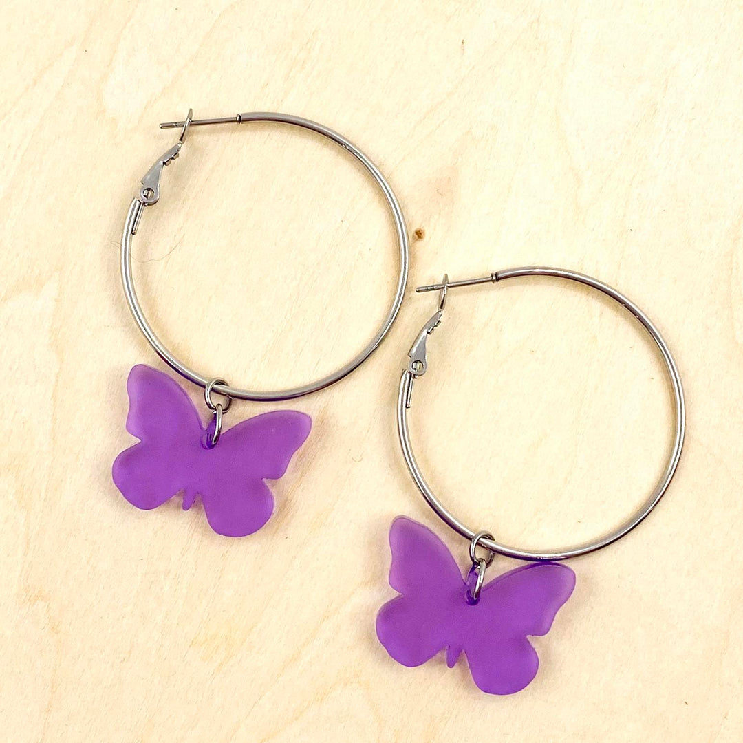 Purple Butterfly Hoops- Spring Earrings-Earrings-Inspired by Justeen-Women's Clothing Boutique