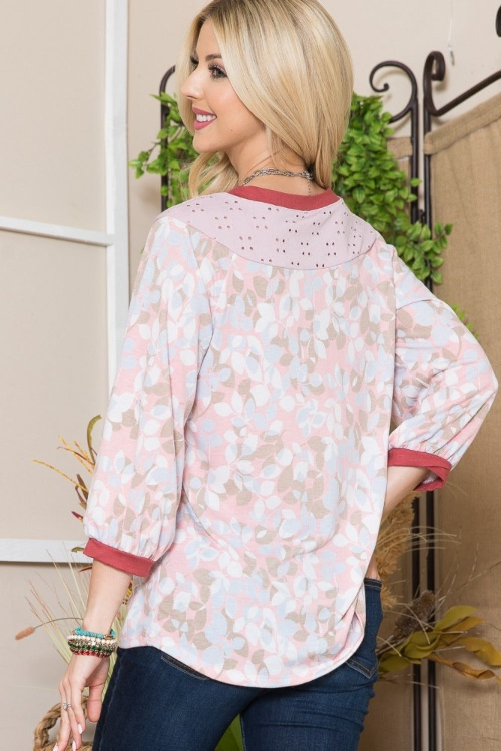 Celeste Full Size Leaf Print Contrast Trim Balloon Sleeve Top-110 Long Sleeve Tops-Inspired by Justeen-Women's Clothing Boutique