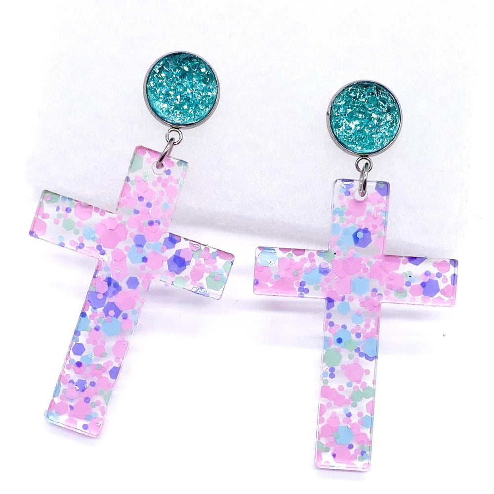 2.5" Confetti Cross Acrylic Dangles - Easter Earrings-Earrings-Inspired by Justeen-Women's Clothing Boutique