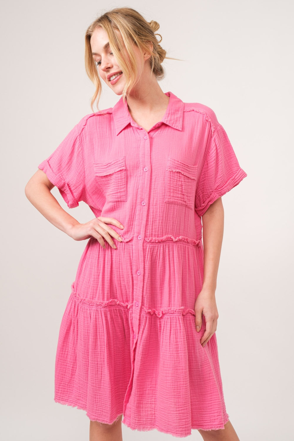 And The Why Full Size Raw Edge Washed Tiered Shirt Dress-Dresses-Inspired by Justeen-Women's Clothing Boutique