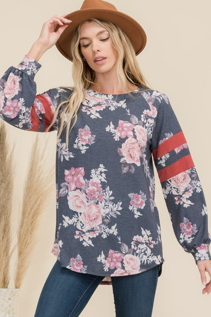 Celeste Full Size Floral Curved Hem T-Shirt with Stripe Detail-110 Long Sleeve Tops-Inspired by Justeen-Women's Clothing Boutique