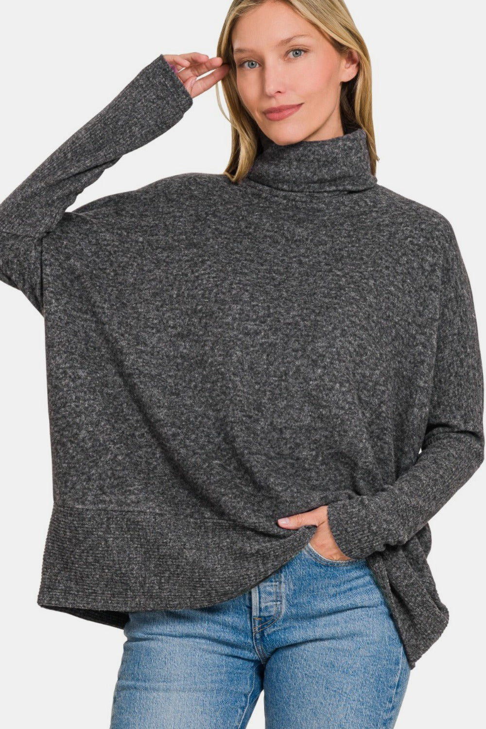 Zenana Full Size Brushed Melange Hacci Turtleneck Sweater-Sweaters/Sweatshirts-Inspired by Justeen-Women's Clothing Boutique