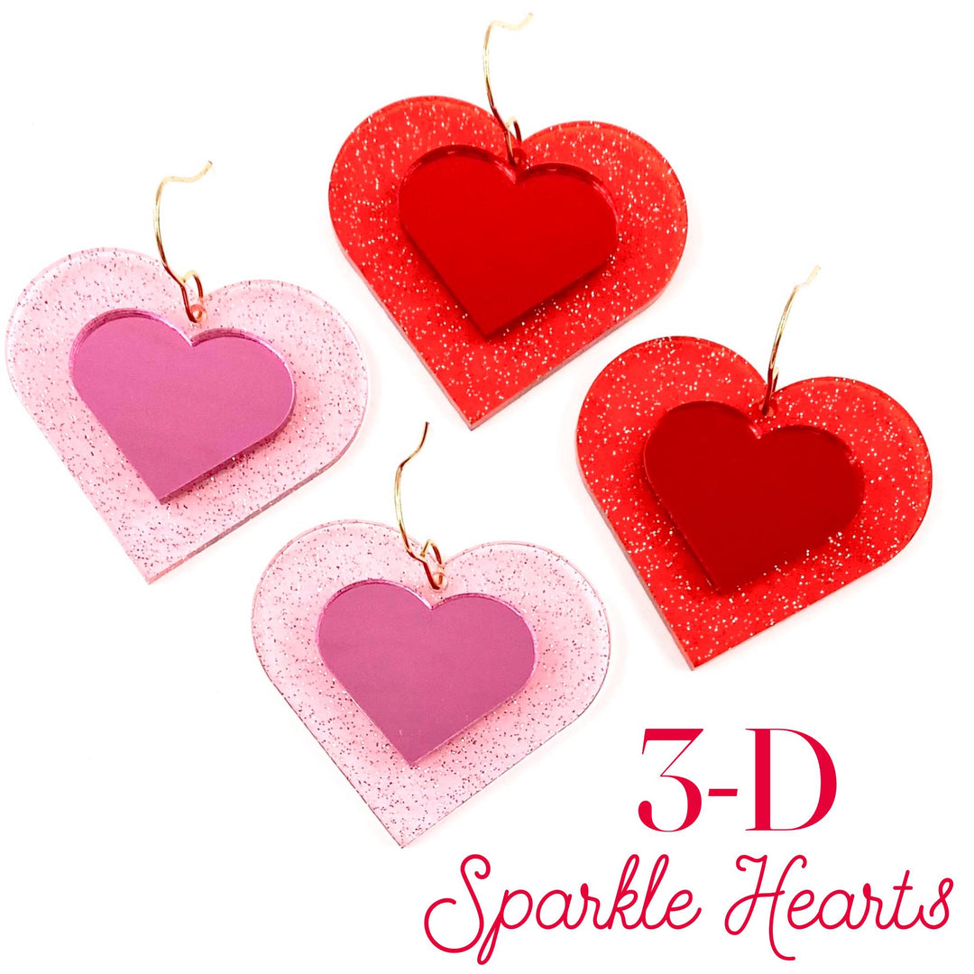 3-D Sparkle Hearts - Valentines Acrylic Earrings-Earrings-Inspired by Justeen-Women's Clothing Boutique