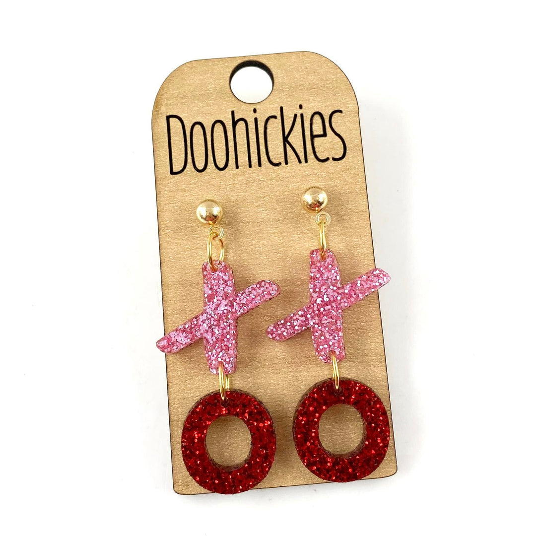 Pink and Red Glitter XO Acrylic Valentines Dangle Earrings-Inspired by Justeen-Women's Clothing Boutique