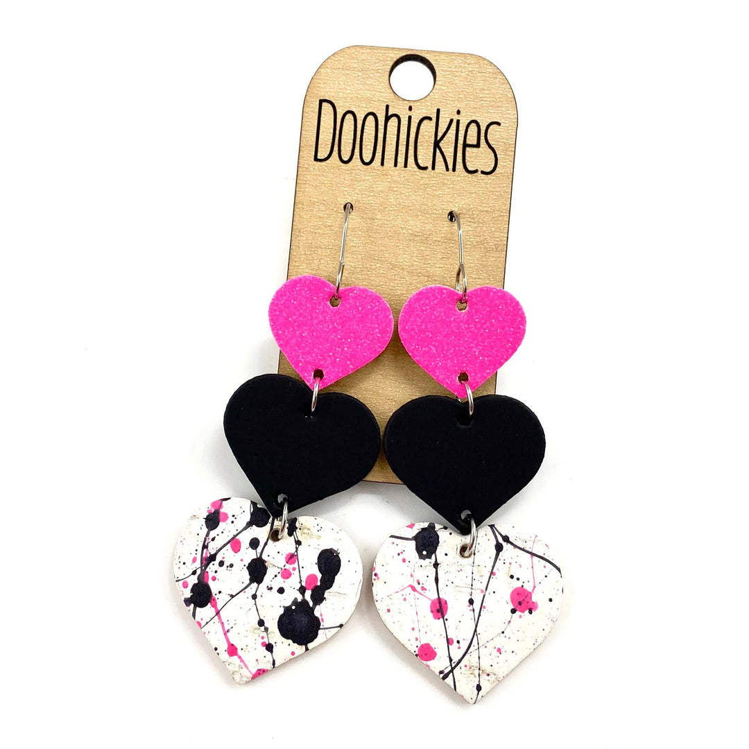 3.5" Paint Splatter Mix it up Waterfall Hearts Valentines Earrings-Earrings-Inspired by Justeen-Women's Clothing Boutique