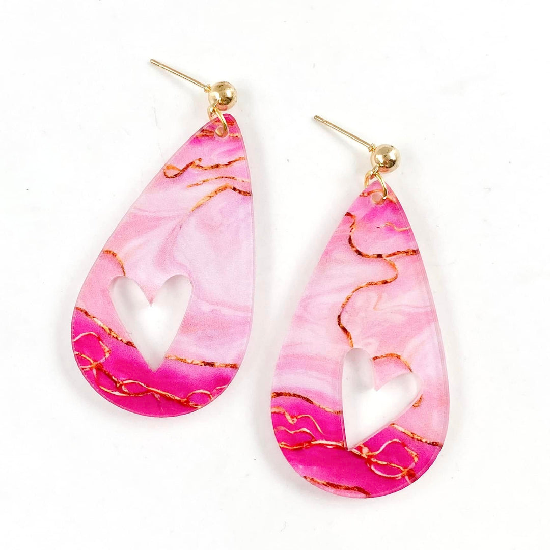 Pink & Gold Swirly Cutout Heart Acrylic Teardrops - Valentines Earrings-Inspired by Justeen-Women's Clothing Boutique