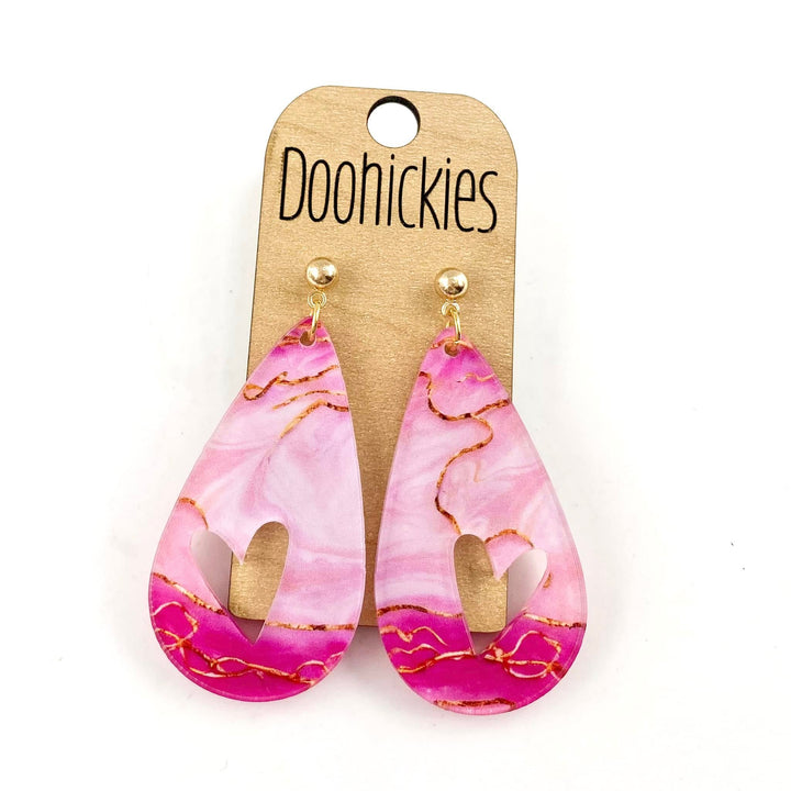 Pink & Gold Swirly Cutout Heart Acrylic Teardrops - Valentines Earrings-Inspired by Justeen-Women's Clothing Boutique