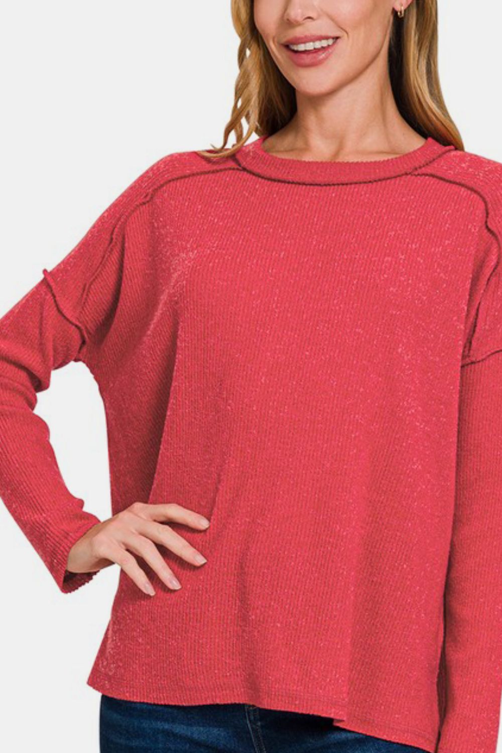 Zenana Full Size Exposed Seam Brushed Round Neck Sweater-110 Long Sleeve Tops-Inspired by Justeen-Women's Clothing Boutique