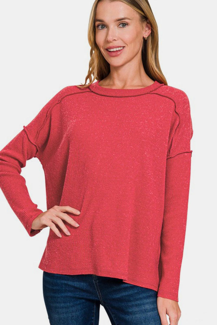 Zenana Full Size Exposed Seam Brushed Round Neck Sweater-110 Long Sleeve Tops-Inspired by Justeen-Women's Clothing Boutique