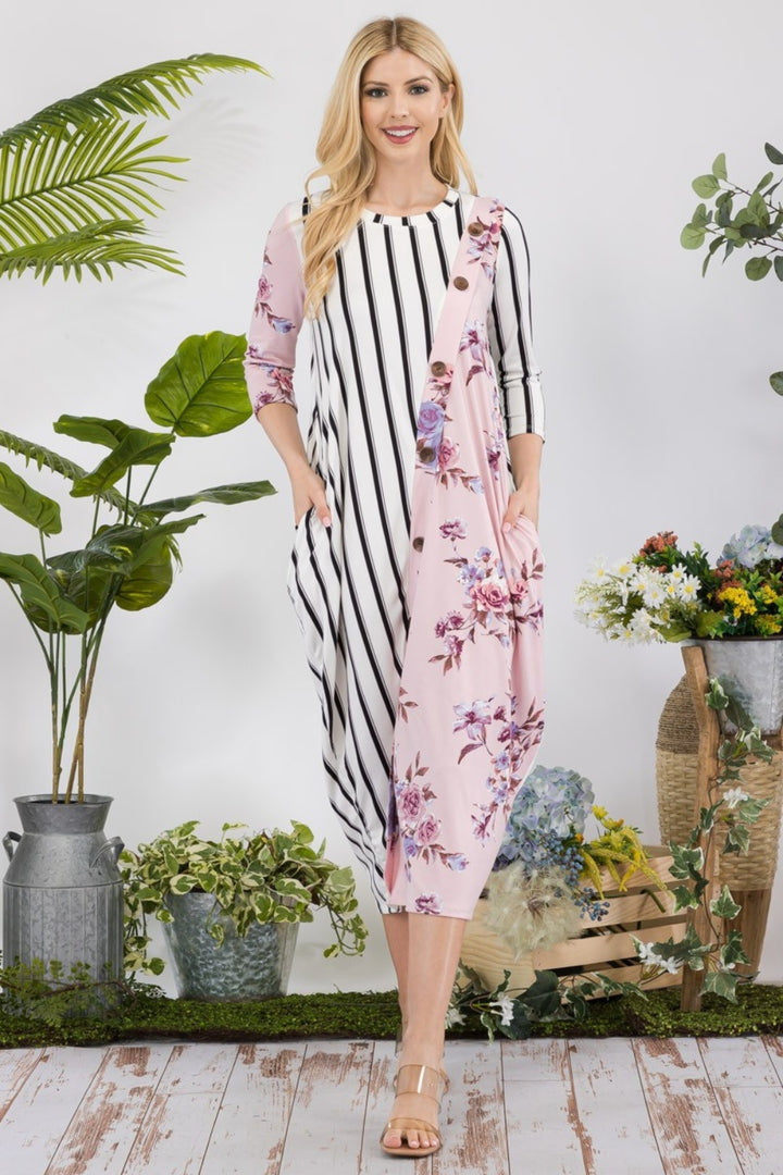 Celeste Full Size Floral Striped Contrast Midi-Dress with Pockets-Dresses-Inspired by Justeen-Women's Clothing Boutique