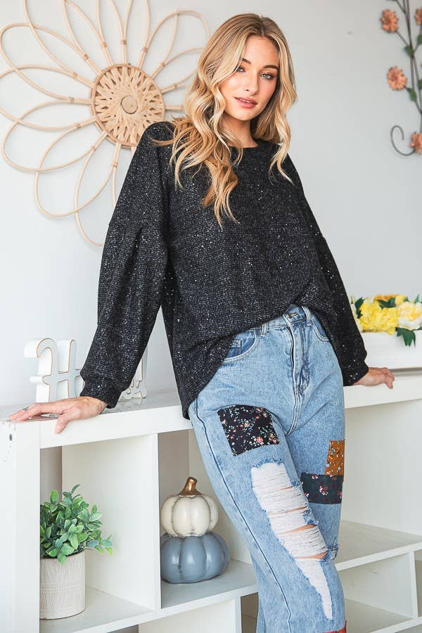 Morgan Brushed Glitter Top, Black-Long Sleeve Tops-Inspired by Justeen-Women's Clothing Boutique in Chicago, Illinois