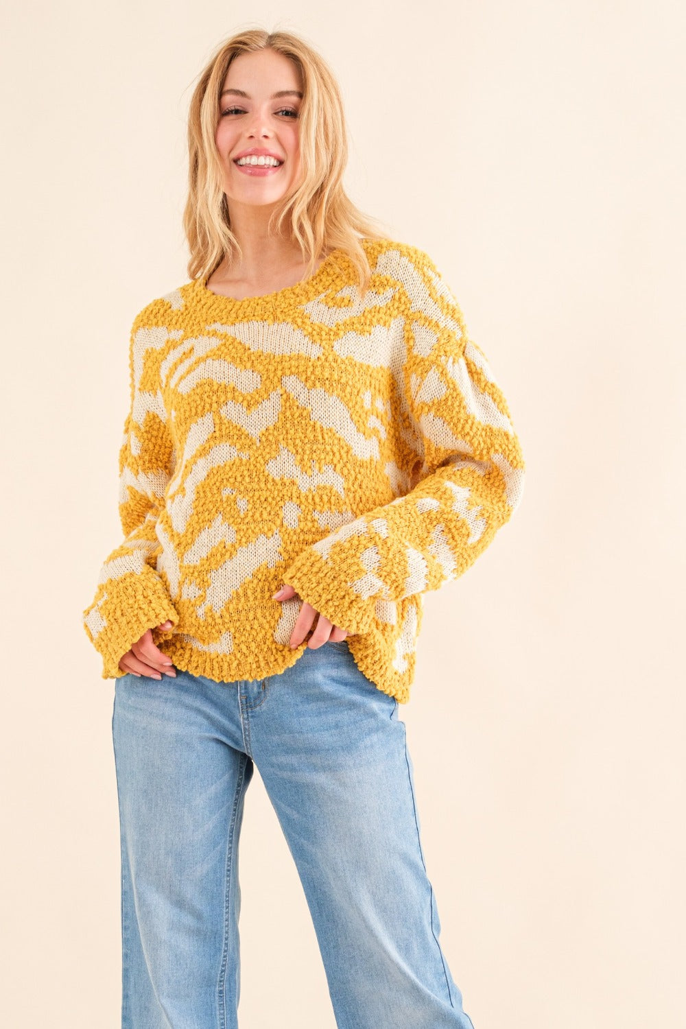 And The Why Full Size Textured Pattern Contrast Sweater-Sweaters/Sweatshirts-Inspired by Justeen-Women's Clothing Boutique