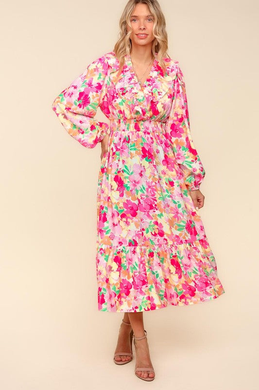 Haptics Full Size Floral Surplice Balloon Sleeve Dress with Side Pockets-Dresses-Inspired by Justeen-Women's Clothing Boutique