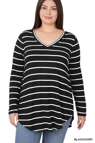 Jenna Striped V-neck Dolphin Hem Top-Long Sleeve Tops-Inspired by Justeen-Women's Clothing Boutique in Chicago, Illinois
