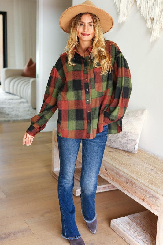 Rock'n Plaid Olive & Rust Button Down Oversized Shirt-Inspired by Justeen-Women's Clothing Boutique