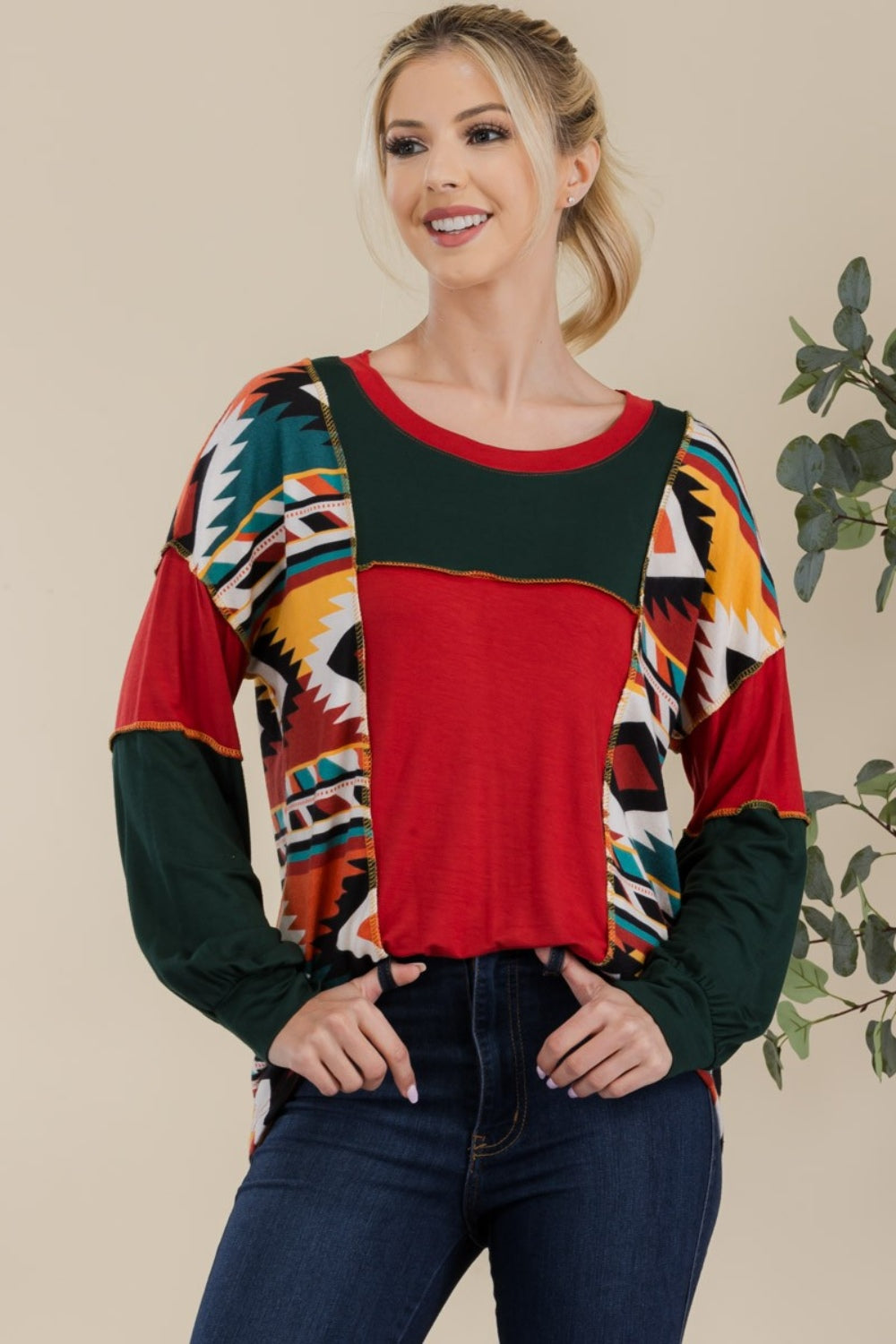 Celeste Full Size Exposed Seam Printed Color Block T-Shirt-110 Long Sleeve Tops-Inspired by Justeen-Women's Clothing Boutique