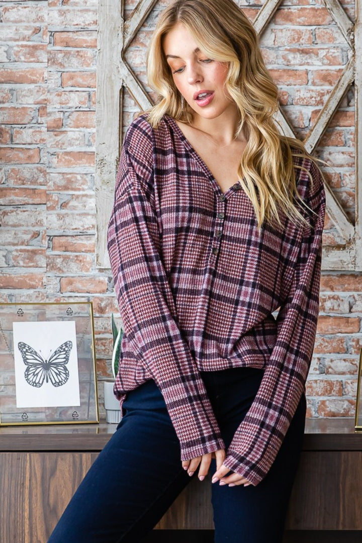 Heimish Full Size Plaid V-Neck Long Sleeve Top-110 Long Sleeve Tops-Inspired by Justeen-Women's Clothing Boutique