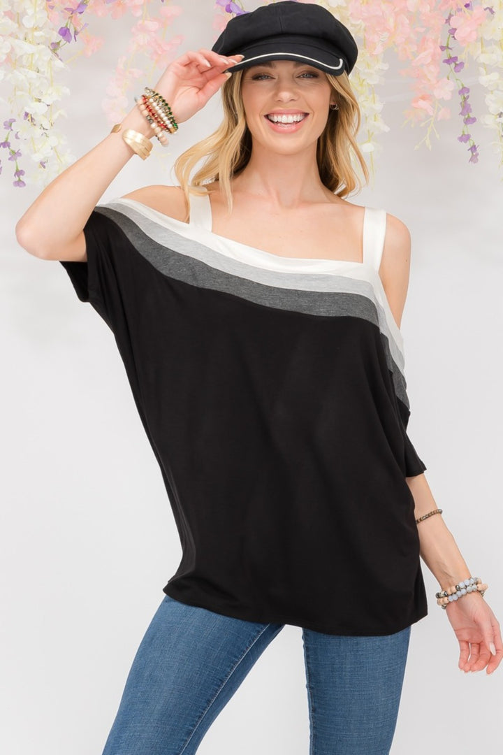 Celeste Full Size Striped Cold Shoulder Top-100 Short Sleeve Tops-Inspired by Justeen-Women's Clothing Boutique