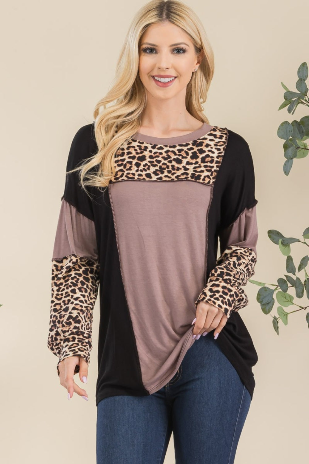 Celeste Full Size Leopard Color Block Exposed Seam T-Shirt-110 Long Sleeve Tops-Inspired by Justeen-Women's Clothing Boutique