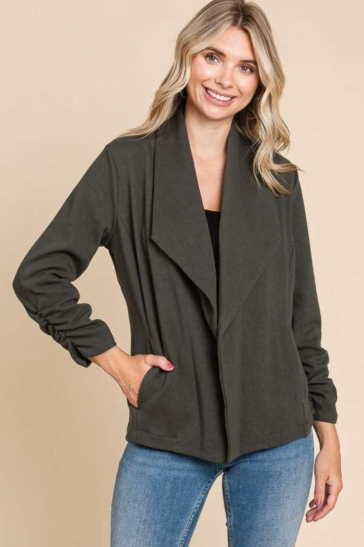 Culture Code Full Size Ruched Open Front Long Sleeve Jacket-Outerwear-Inspired by Justeen-Women's Clothing Boutique in Chicago, Illinois