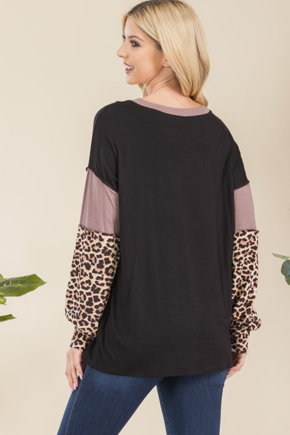 Celeste Full Size Leopard Color Block Exposed Seam T-Shirt-110 Long Sleeve Tops-Inspired by Justeen-Women's Clothing Boutique