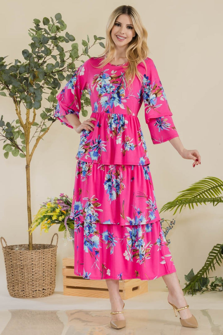 Celeste Full Size Floral Ruffle Tiered Midi Dress-Dresses-Inspired by Justeen-Women's Clothing Boutique in Chicago, Illinois