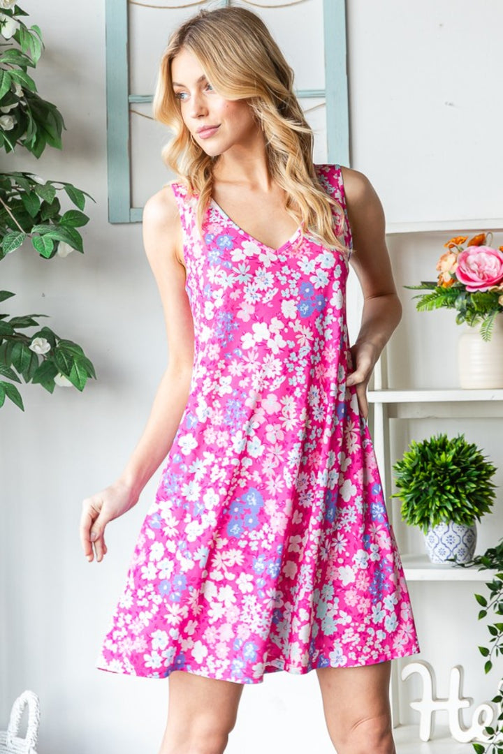 Heimish Full Size Floral V-Neck Tank Dress with Pockets-Dresses-Inspired by Justeen-Women's Clothing Boutique in Chicago, Illinois