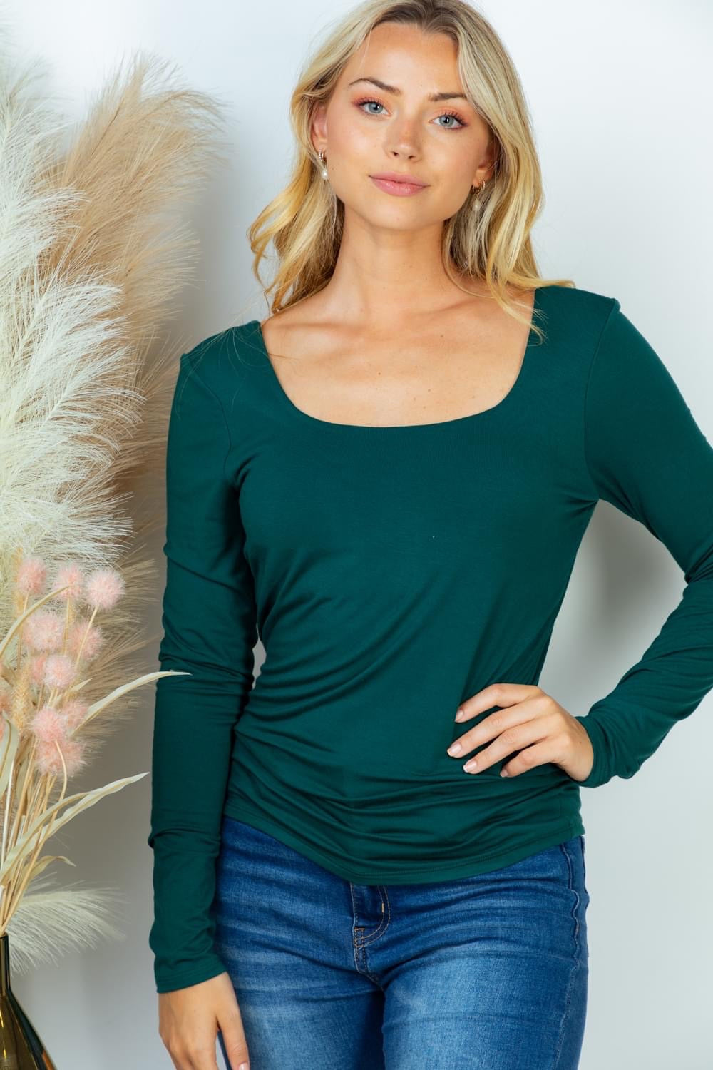 Aspen Square Neck Top, Hunter Green-Long Sleeve Tops-Inspired by Justeen-Women's Clothing Boutique in Chicago, Illinois
