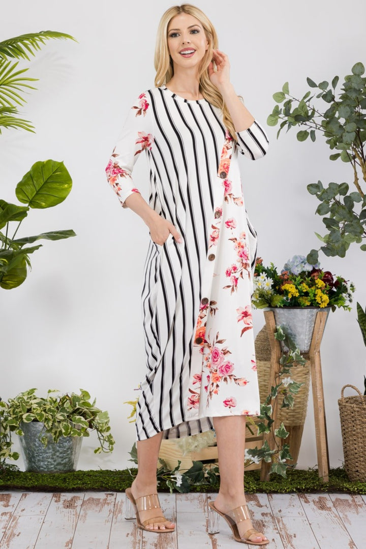 Celeste Full Size Floral Striped Contrast Midi-Dress with Pockets-Dresses-Inspired by Justeen-Women's Clothing Boutique