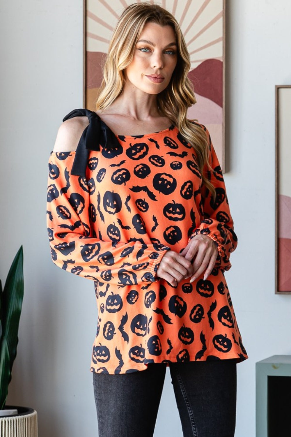 Heimish Pumpkin Print One Shoulder T-Shirt-110 Long Sleeve Tops-Inspired by Justeen-Women's Clothing Boutique