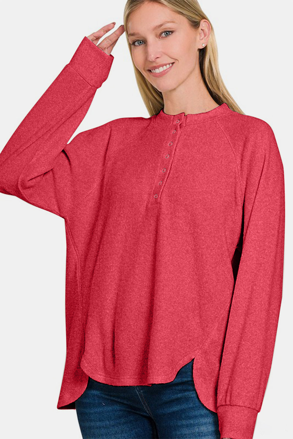 Zenana Full Size Brushed Melange Hacci High-Low Sweater-110 Long Sleeve Tops-Inspired by Justeen-Women's Clothing Boutique