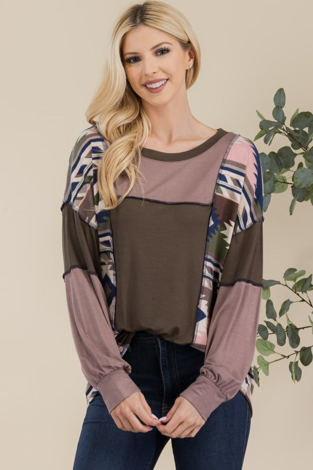 Celeste Full Size Exposed Seam Printed Color Block T-Shirt-110 Long Sleeve Tops-Inspired by Justeen-Women's Clothing Boutique