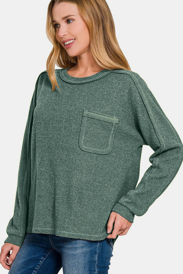 Zenana Full Size Contrast Stitching Brushed Ribbed Hacci Knit Top-110 Long Sleeve Tops-Inspired by Justeen-Women's Clothing Boutique