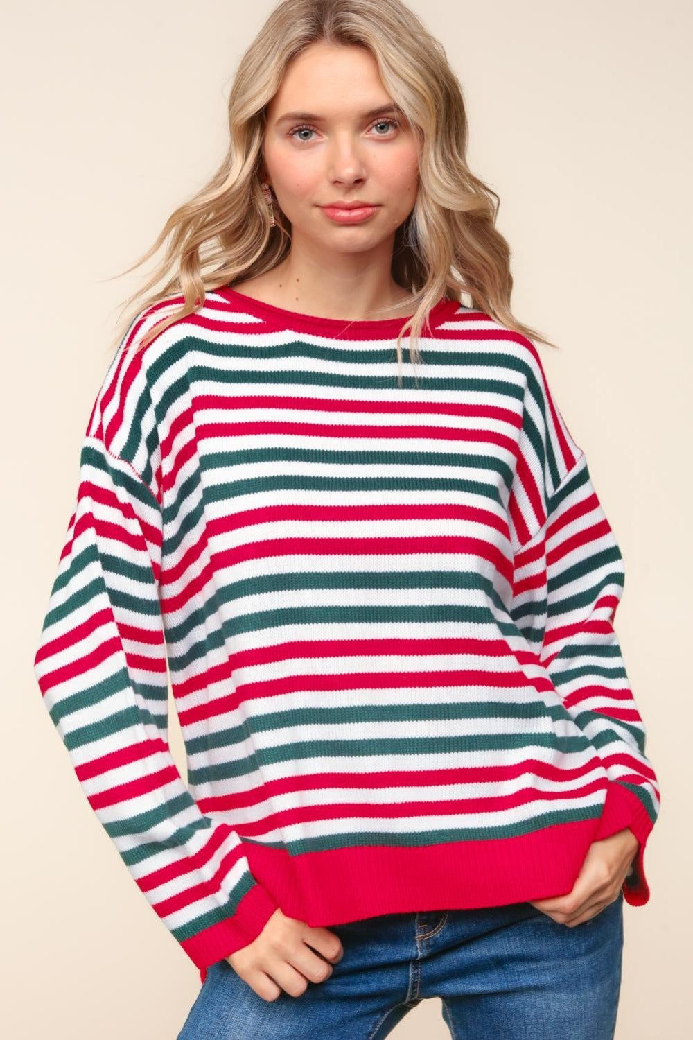 Haptics Full Size Striped Contrast Side Slit Knit Top-Sweaters/Sweatshirts-Inspired by Justeen-Women's Clothing Boutique