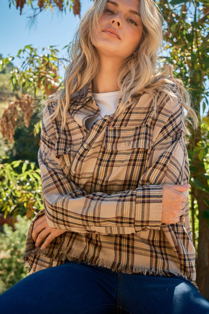 And The Why Full Size Button Up Raw Hem Plaid Shirt-Outerwear-Inspired by Justeen-Women's Clothing Boutique