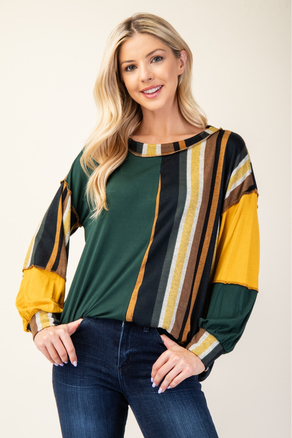 Celeste Full Size Striped Color Block Exposed Seam T-Shirt-110 Long Sleeve Tops-Inspired by Justeen-Women's Clothing Boutique