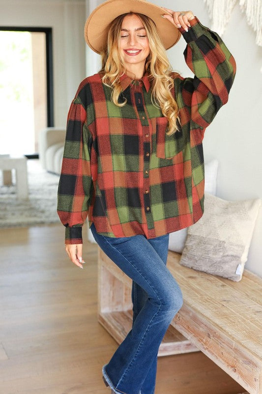 Rock'n Plaid Olive & Rust Button Down Oversized Shirt-Inspired by Justeen-Women's Clothing Boutique