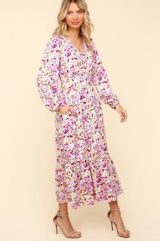 Haptics Full Size Floral V-Neck Long Sleeve Dress with Side Pockets-Dresses-Inspired by Justeen-Women's Clothing Boutique