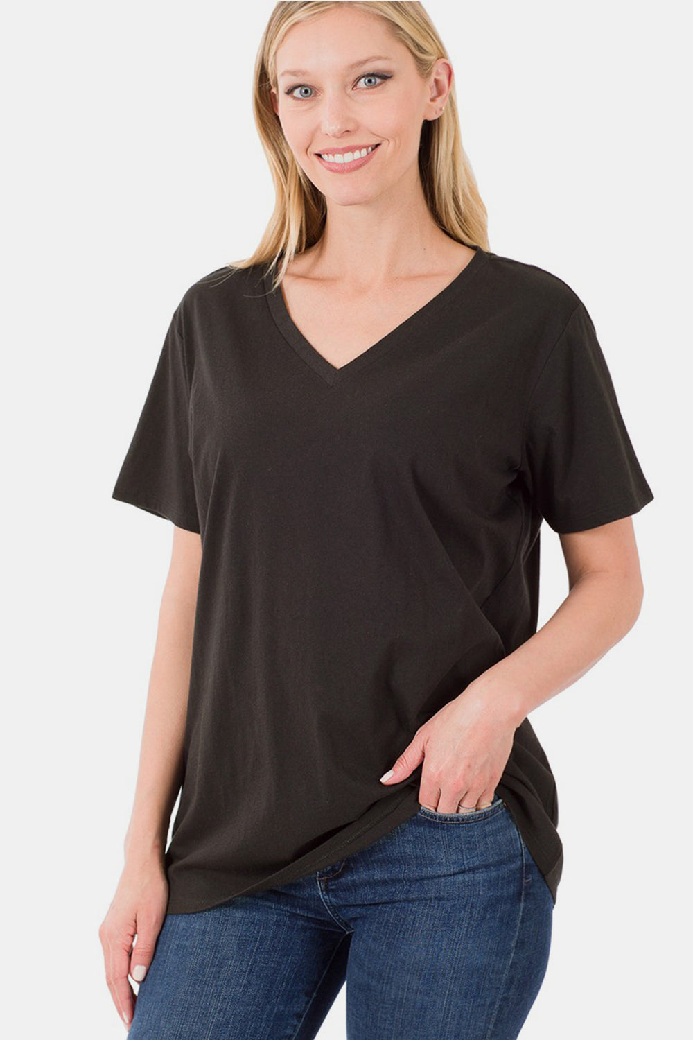 Zenana Full Size V-Neck Short Sleeve T-Shirt-100 Short Sleeve Tops-Inspired by Justeen-Women's Clothing Boutique in Chicago, Illinois