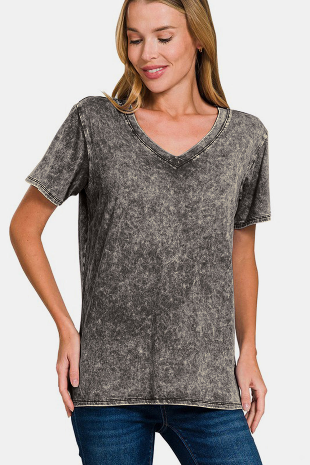 Zenana Full Size Washed Short Sleeve V-Neck T-Shirt-100 Short Sleeve Tops-Inspired by Justeen-Women's Clothing Boutique